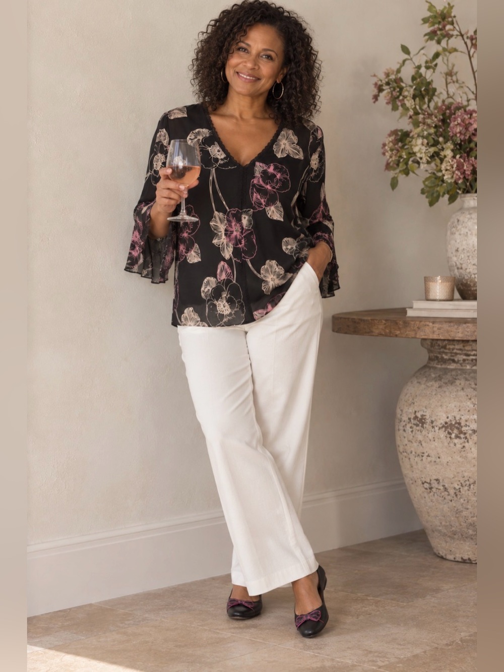 Worthington Black Floral Bell Sleeve Blouse — Women's Size 10